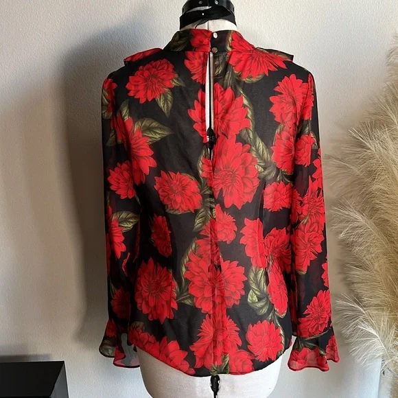 KEEPSAKE sheer red floral dark romance tie neck blouse - Picture 5 of 9